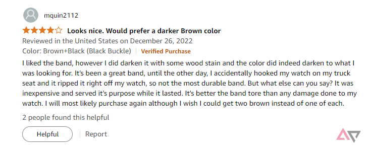 A screenshot from an Amazon review of a pleather smartwatch strap