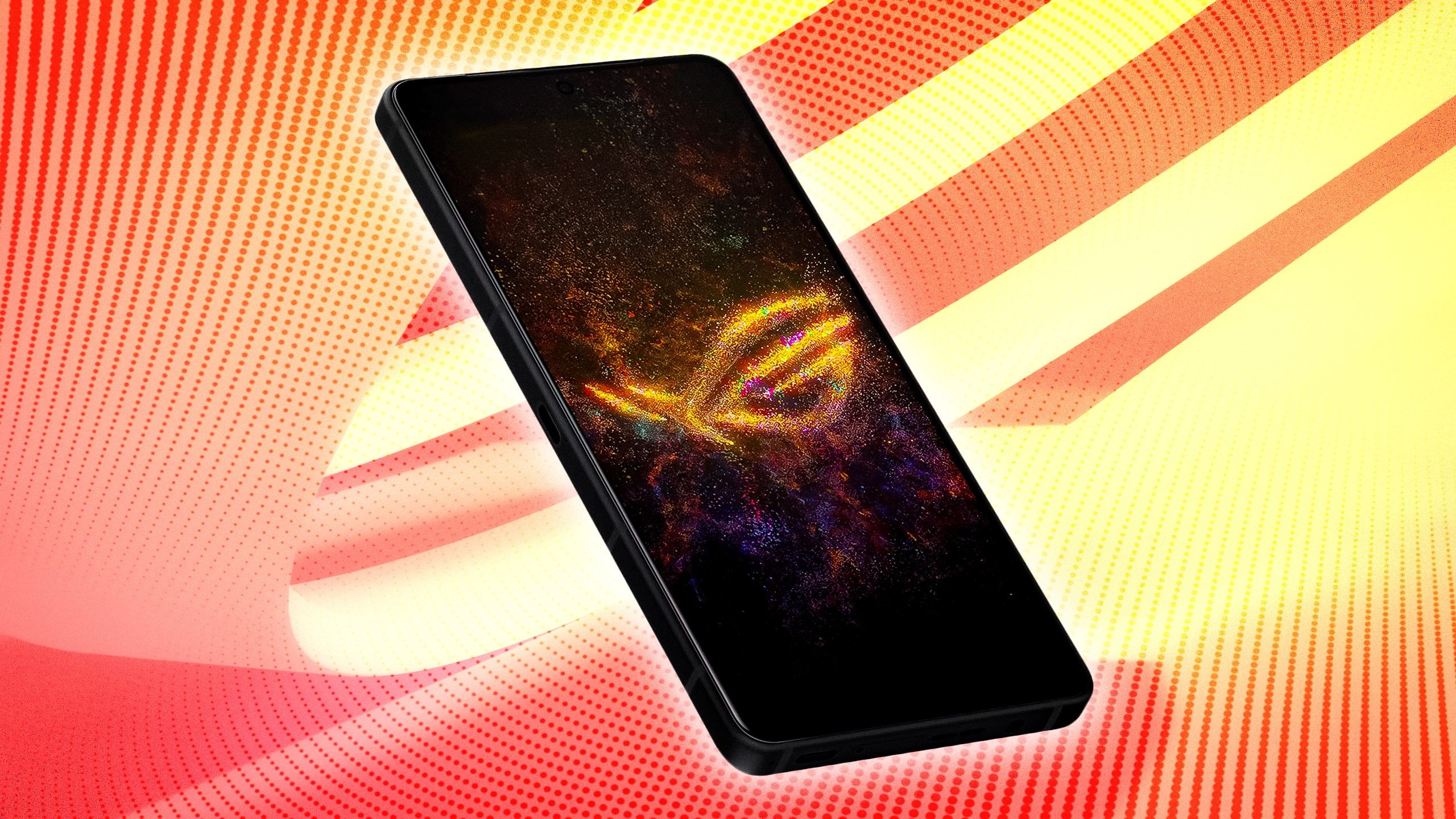 An Asus ROG gaming phone in front of a stylized yellow and orange background