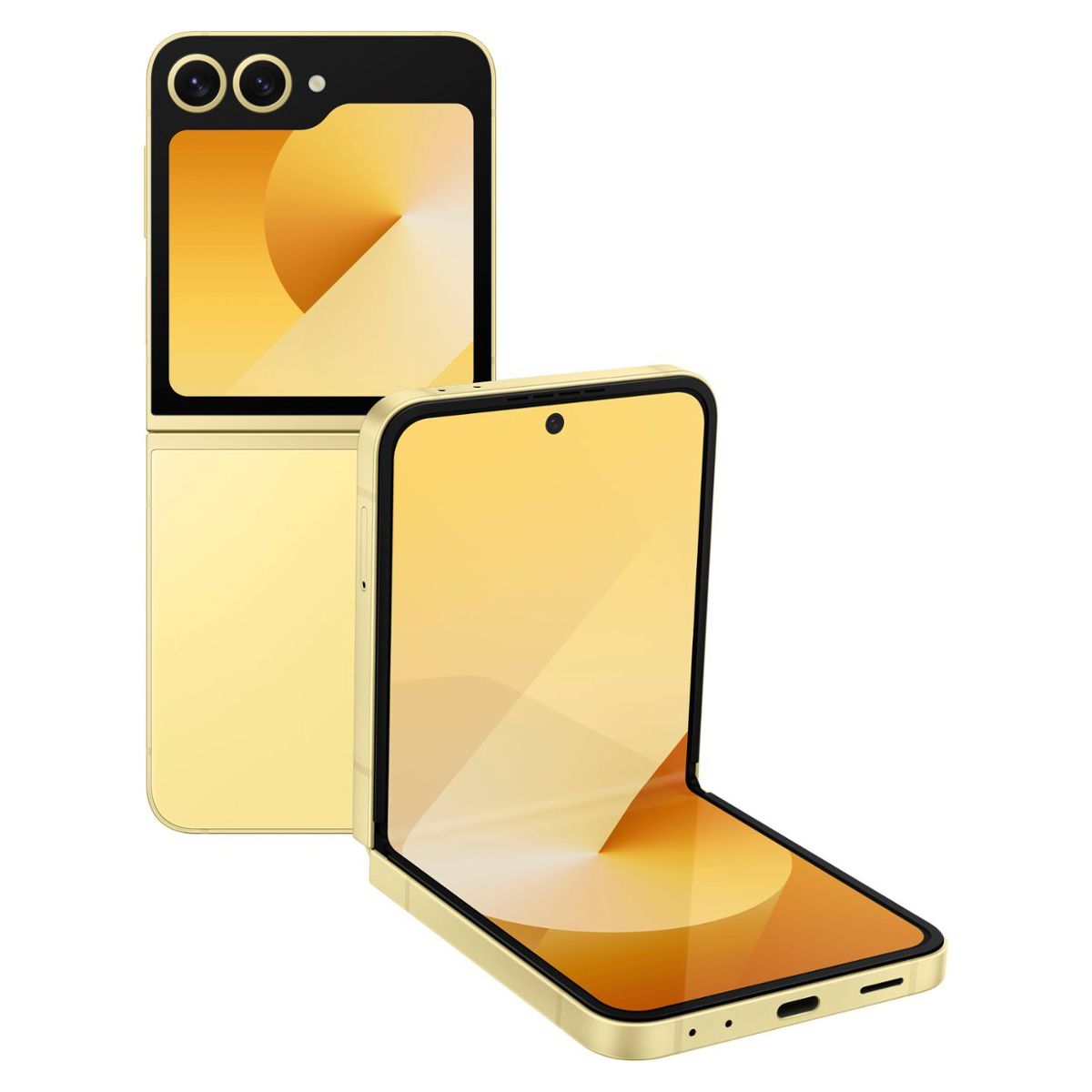 Render of the Galaxy Z Flip 6 in yellow against a white background.