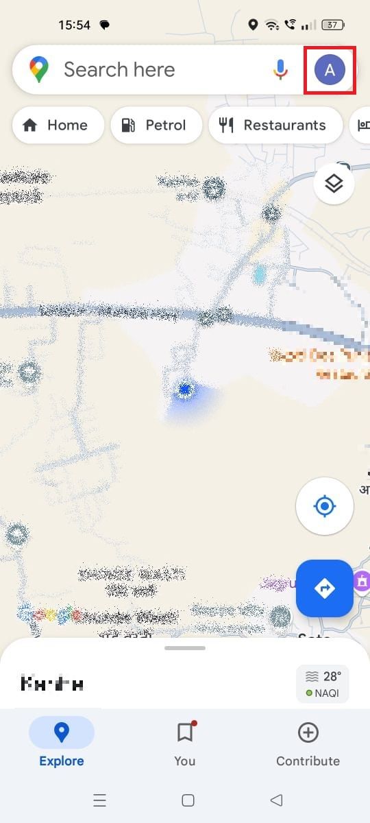 Screenshot highlighting the profile icon in Google Maps