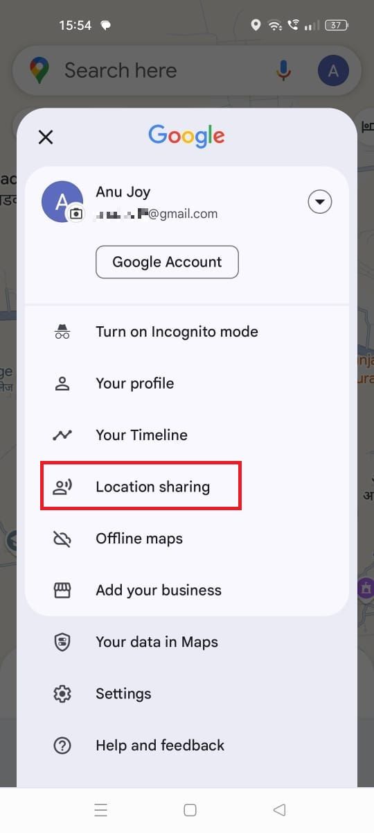 Screenshot highlighting location sharing in Google Maps