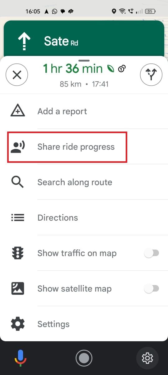 Screenshot highlighting Share ride progress in Google Maps