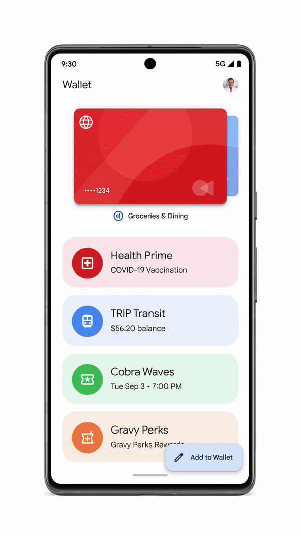 An animation showing the process of adding a passport to the Google Wallet app on an Android phone