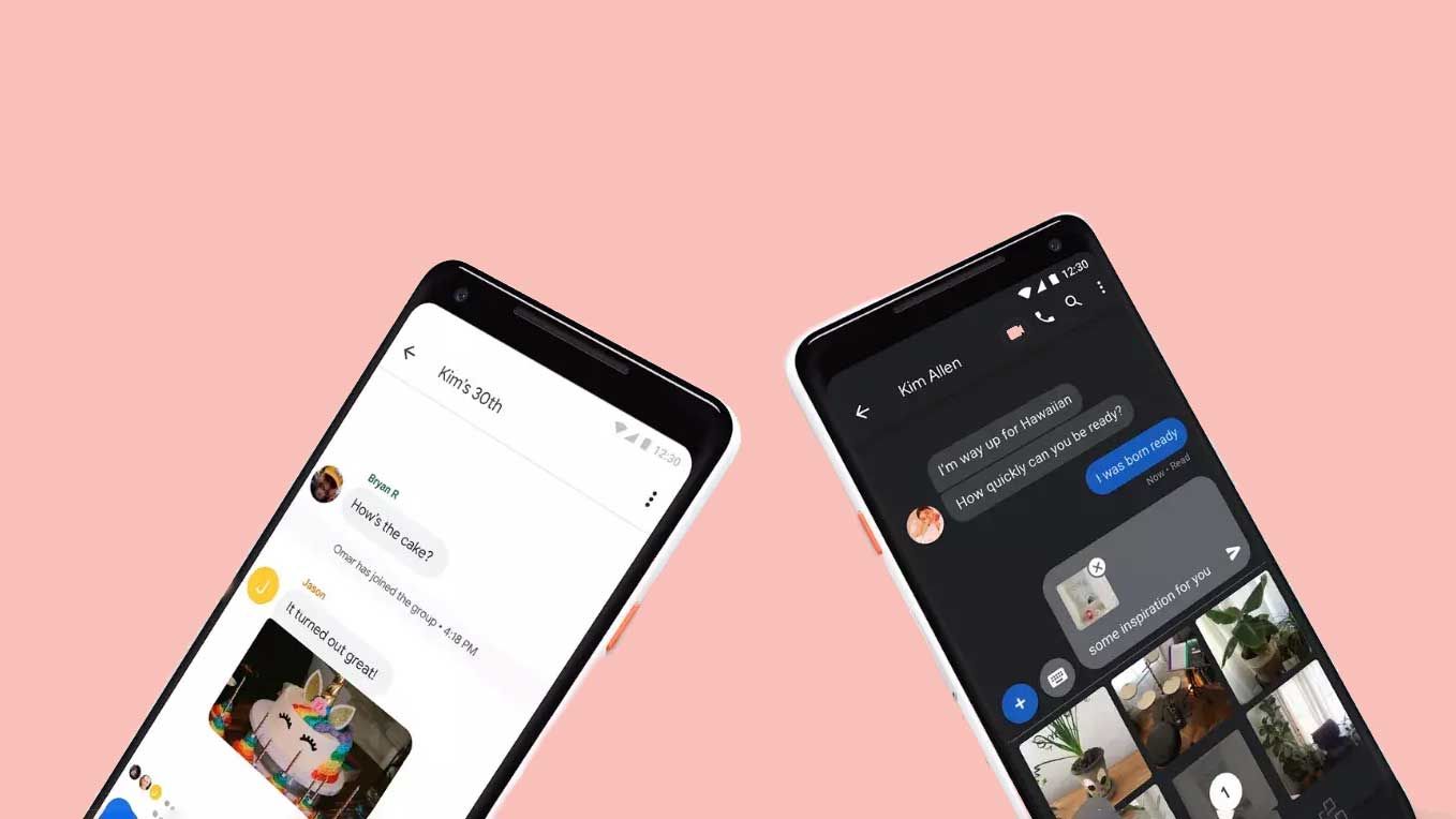 Two phones with the Google Messages app against a pink background. 