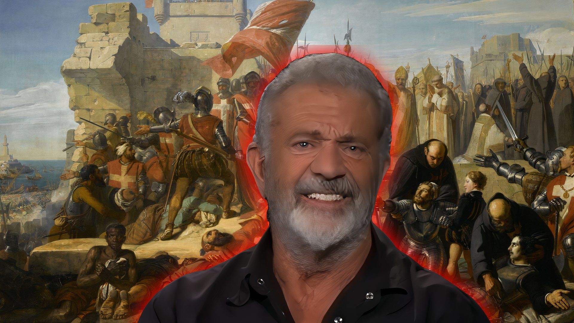 Mel Gibson from a MovieWeb interview overlayed across an image of battle during the siege of Malta in the public domain