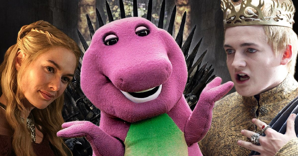 Lena Headey as Cersei Lannister with Barney the Dinosaur and Jack Gleason as Joffrey Baratheon