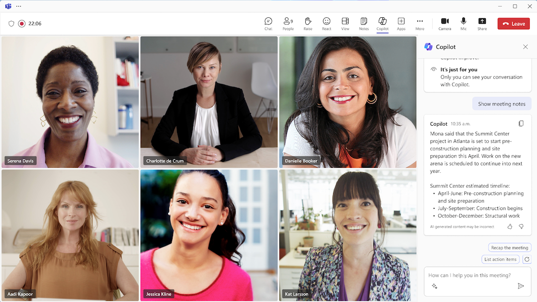 Microsoft Teams video call screen with Copilot sidebar