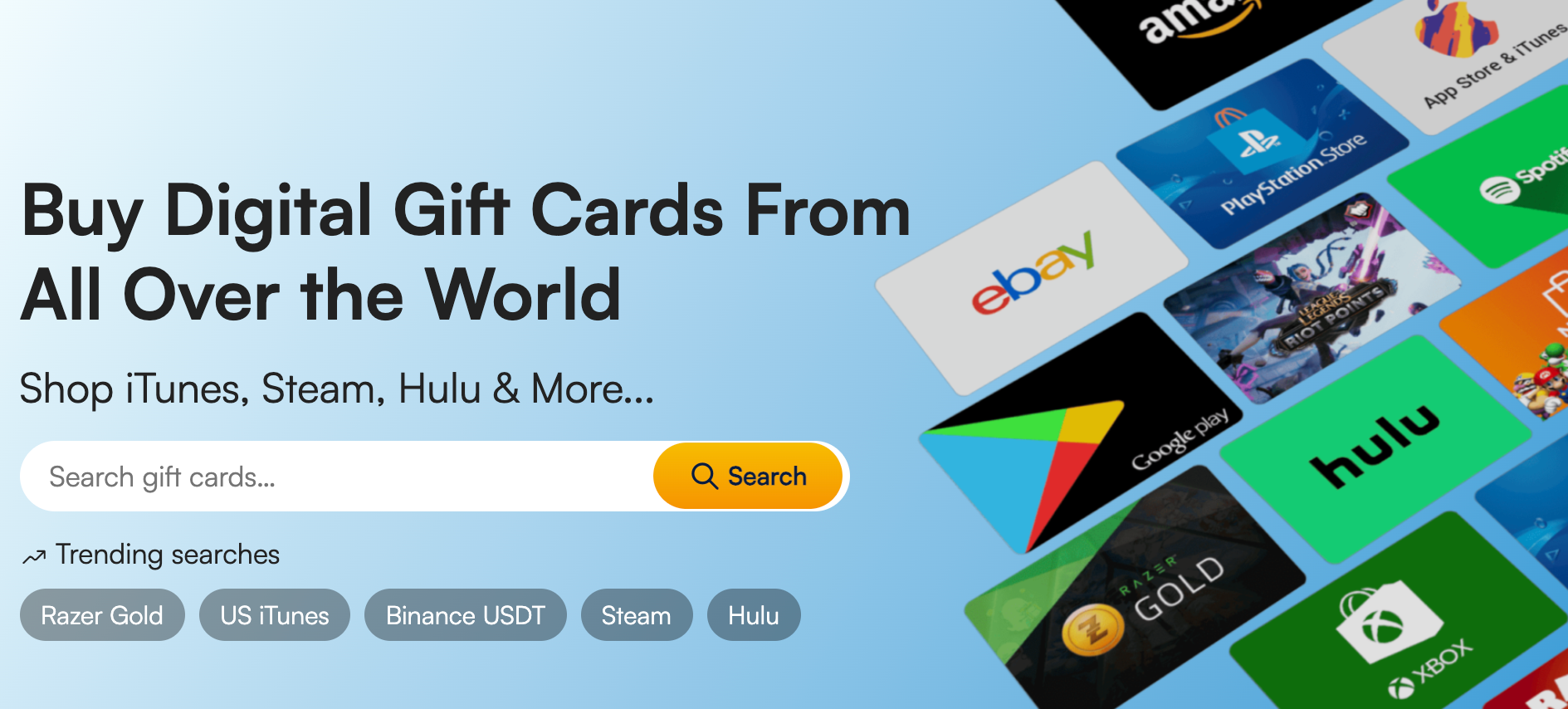 MyGiftCardSupply's home page showing a search bar and potential digital gift cards