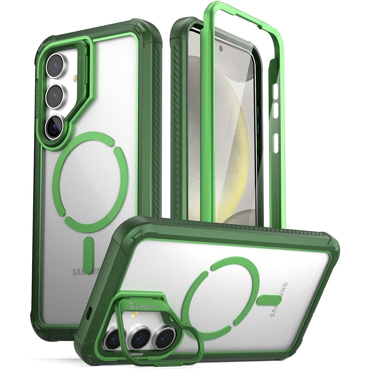 The two-tone green Poetic Guardian Series case in a white Galaxy S24 from three angles