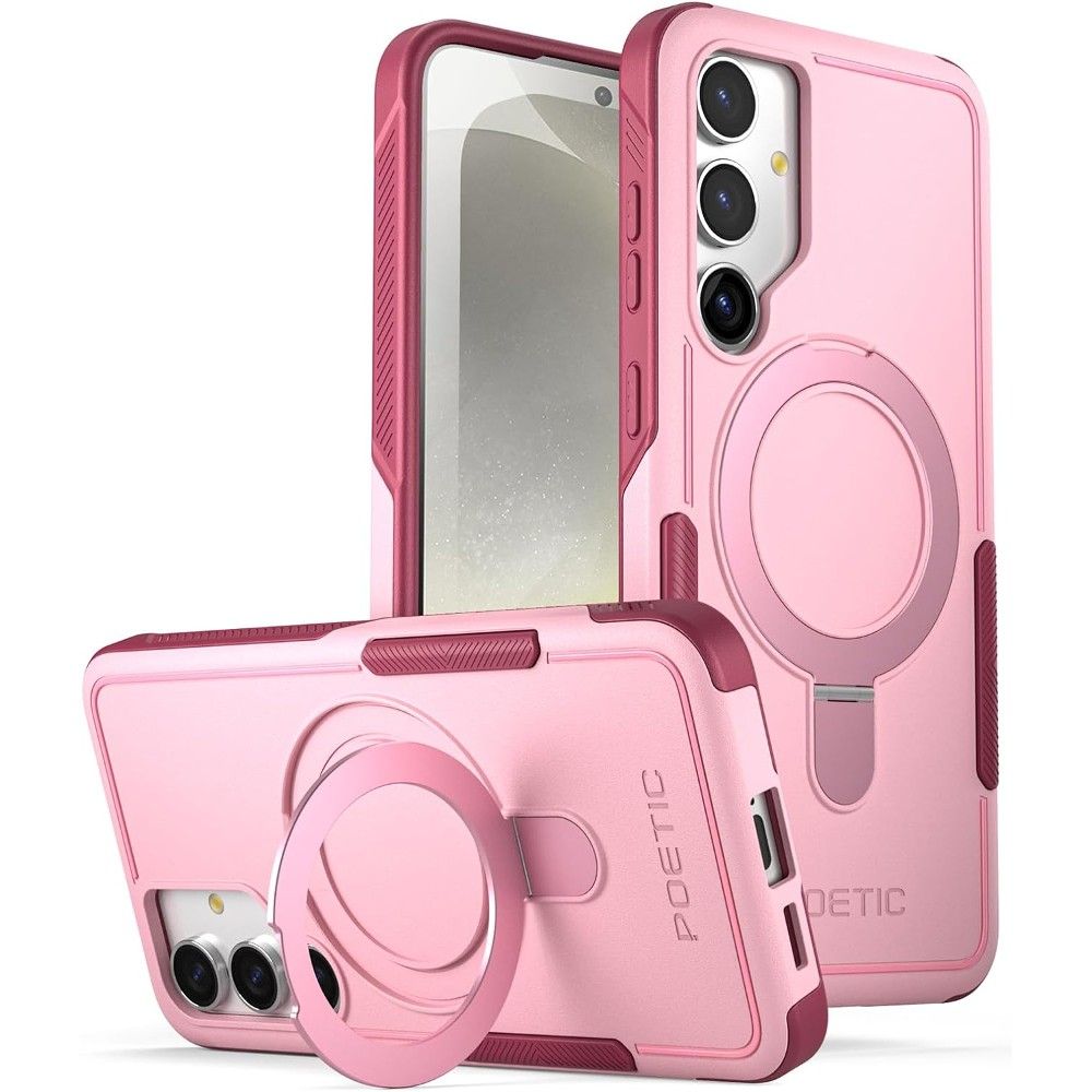 The Magnetic Ring Stand version of the Poetic Neon for Galaxy S24+ in Light Pink with magenta accents from the front, back, and propped up by the MagSafe kickstand