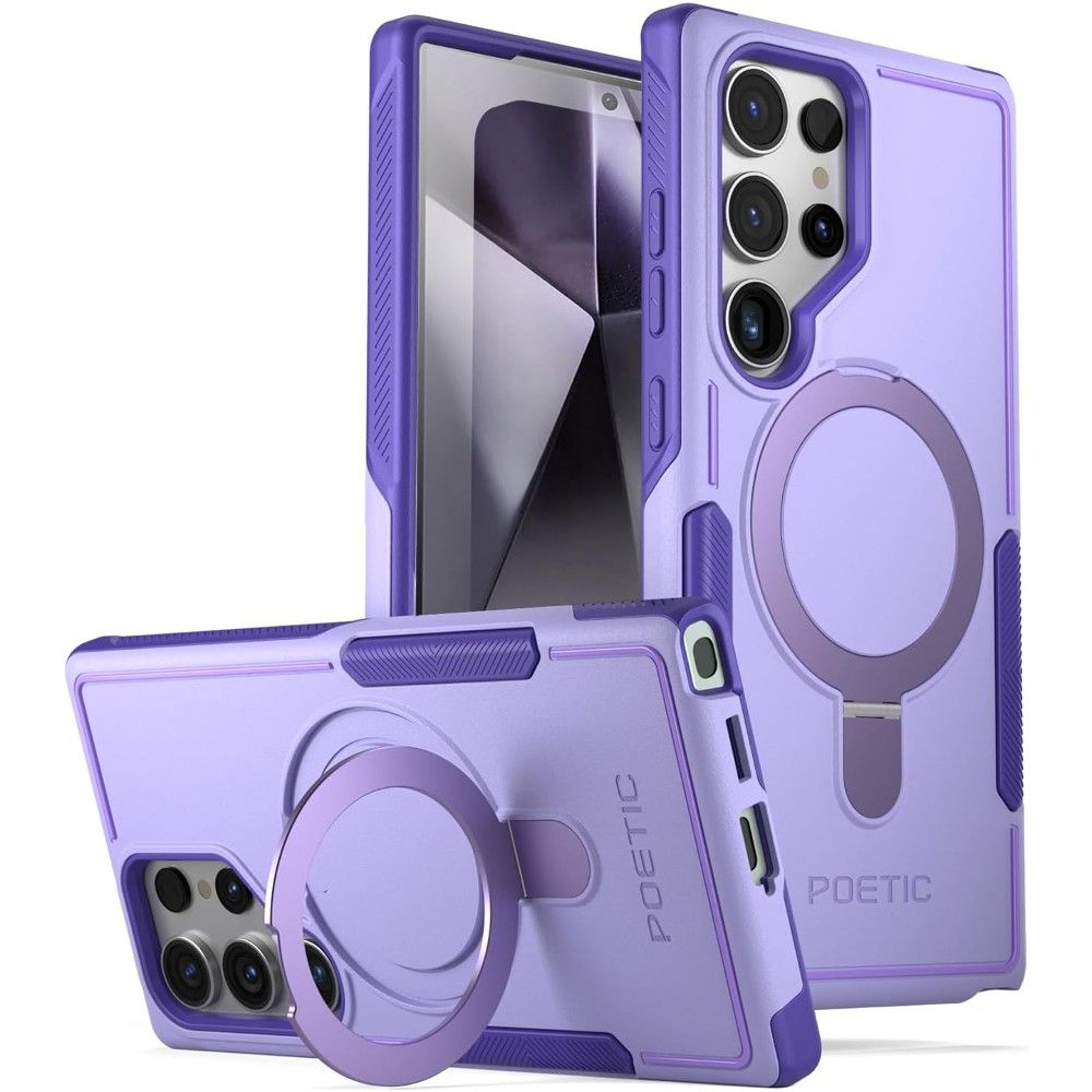 The two-toned purple Poetic Neon (Magnetic Ring Stand) for Galaxy S24 Ultra from the front, back and with the mag ring kickstand extended