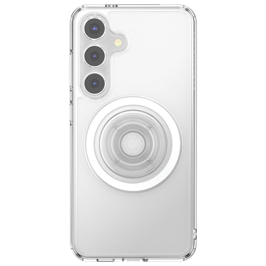 A white phone with a transparent phone case on a white background