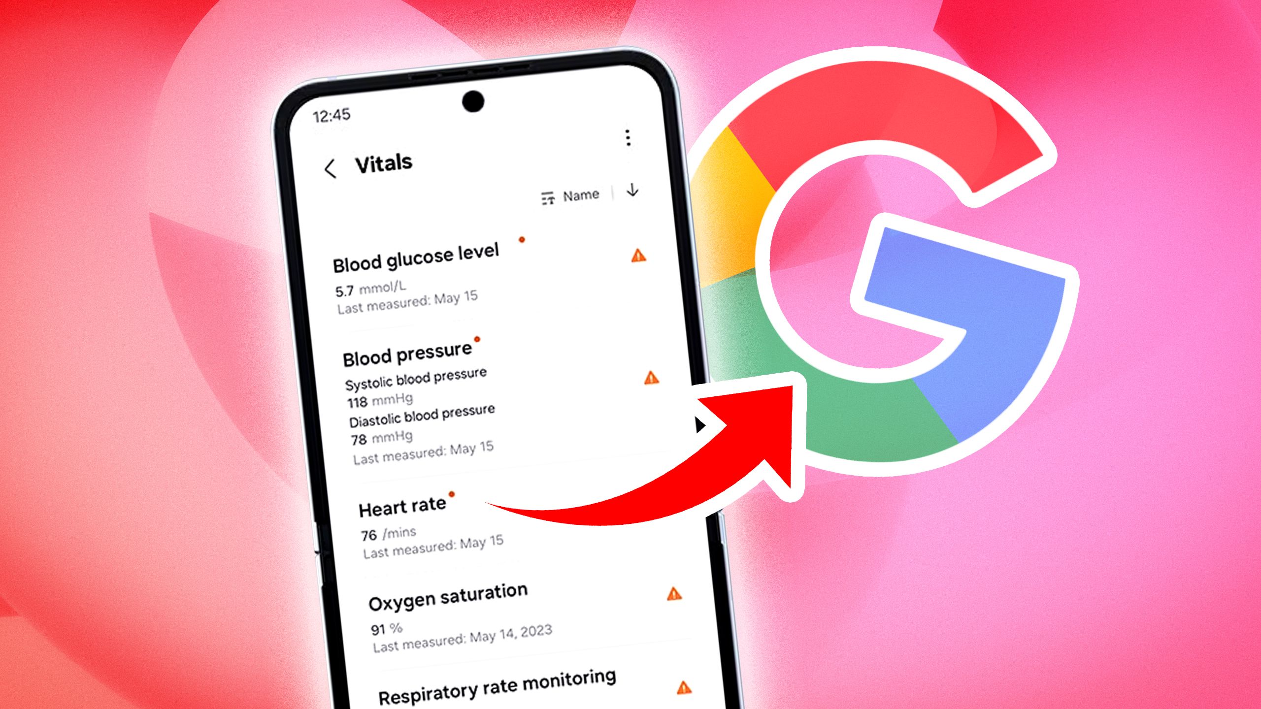 A phone showing a person's vitals in a fitness app and an arrow pointing to the google logo