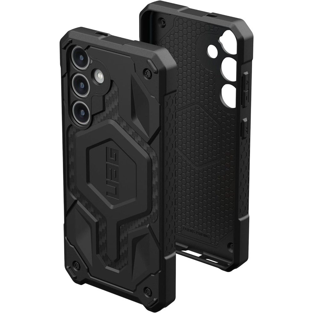 A back angled view of the UAG Monarch Pro with a Galaxy S24 Plus inside and a front view without the phone inside