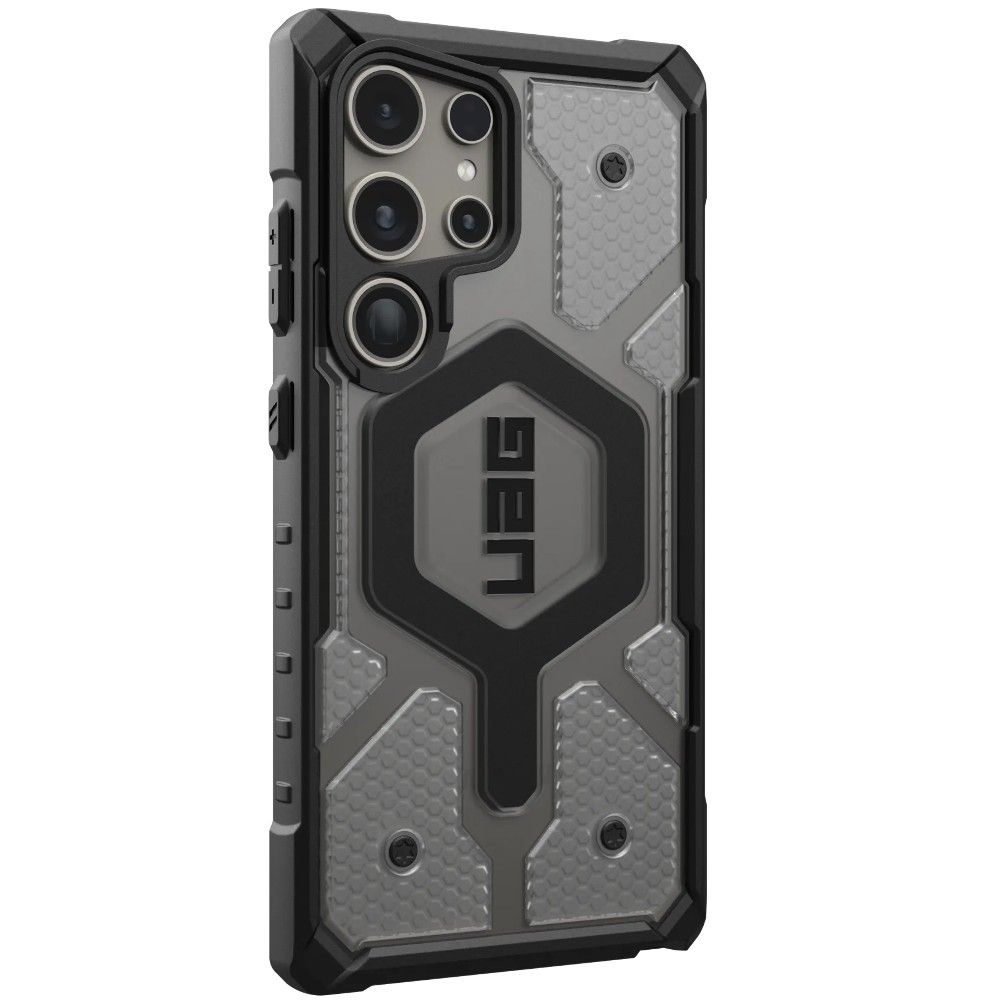 A back right-tilted view of the UAG Pathfinder Clear Pro for Galaxy S24 Ultra in Ice Clear