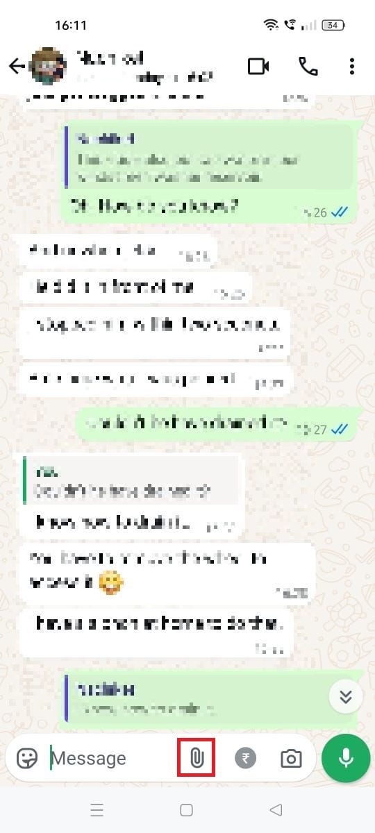 Screenshot highlighting the paperclip icon in WhatsApp