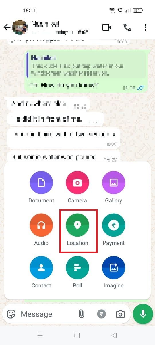 Screenshot highlighting Location in WhatsApp