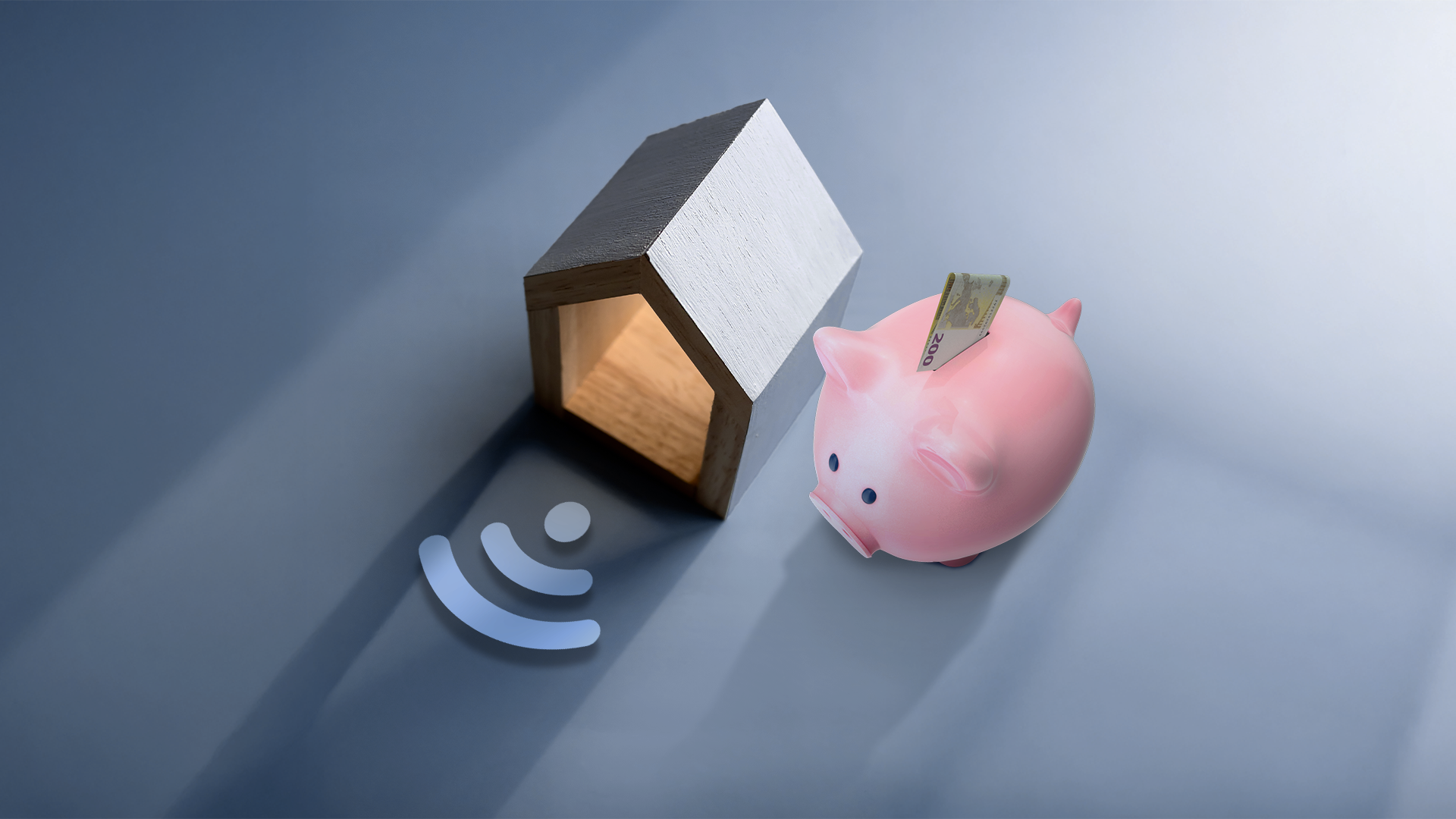 Concept image of a smart home with a piggy bank beside it.