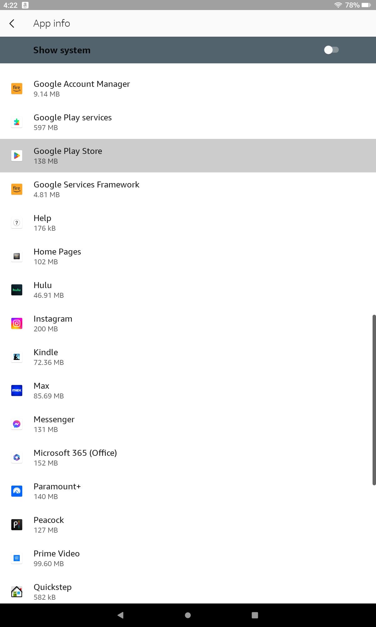 Google Play Store highlighted in the list of apps on Fire OS 8