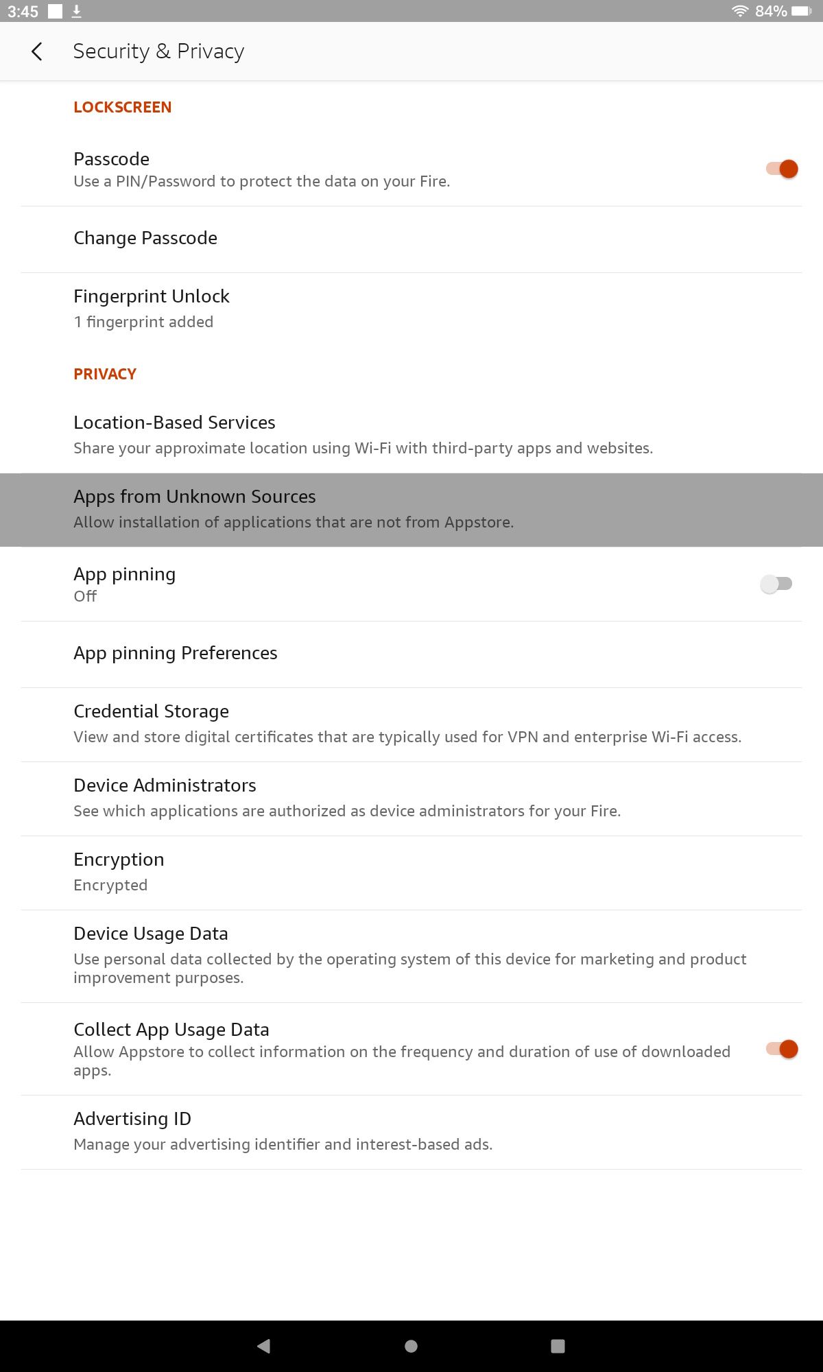 Apps from Unknown Sources highlighted in the Security & Privacy settings on Fire OS 8