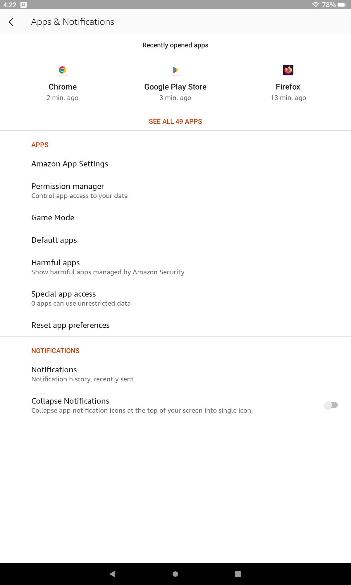 Apps & Notifications settings on Fire OS 8