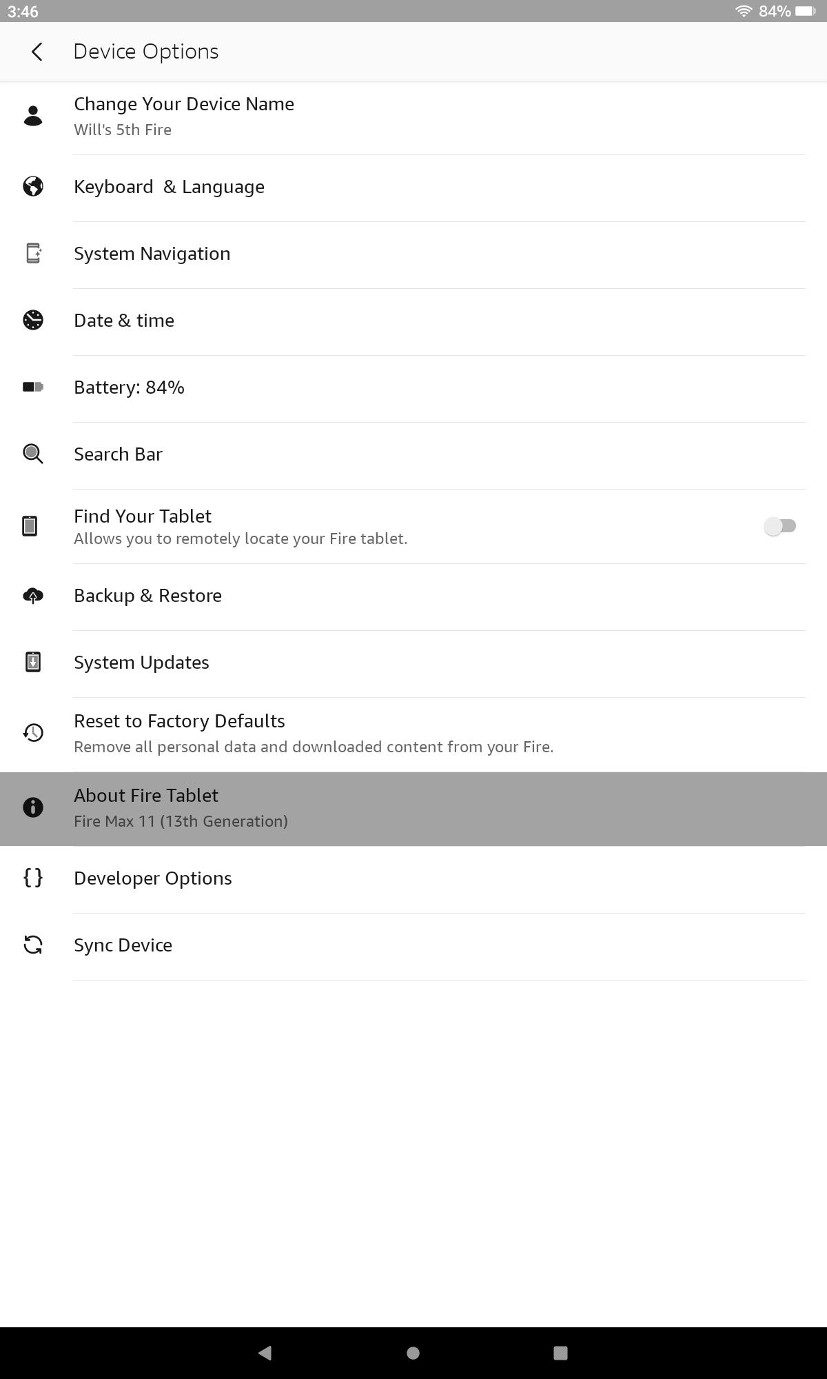About Fire tablet option highlighted under Device options to find Device model in Fire OS 8