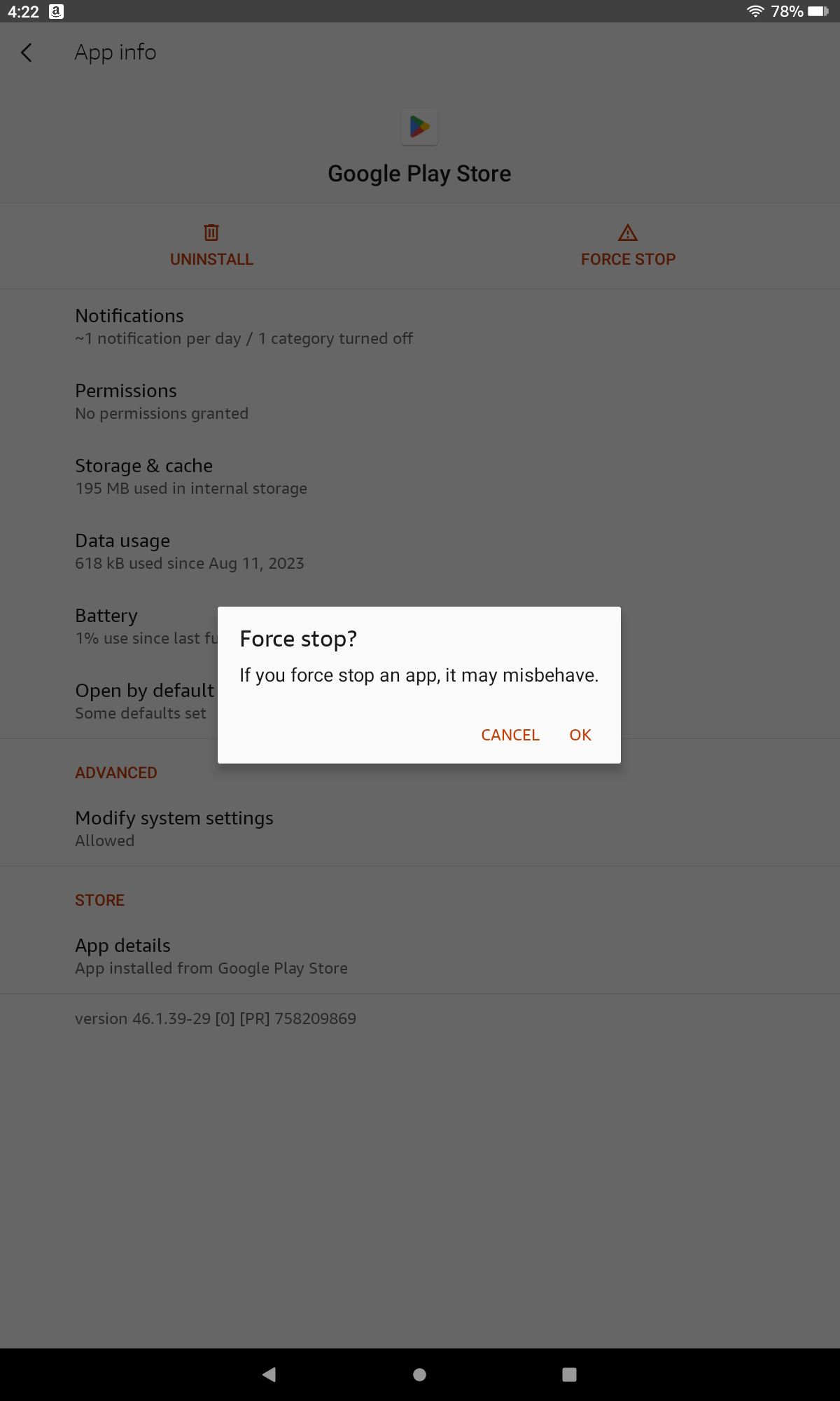 Force stop pop-up window on Google Play Store in Fire OS 8
