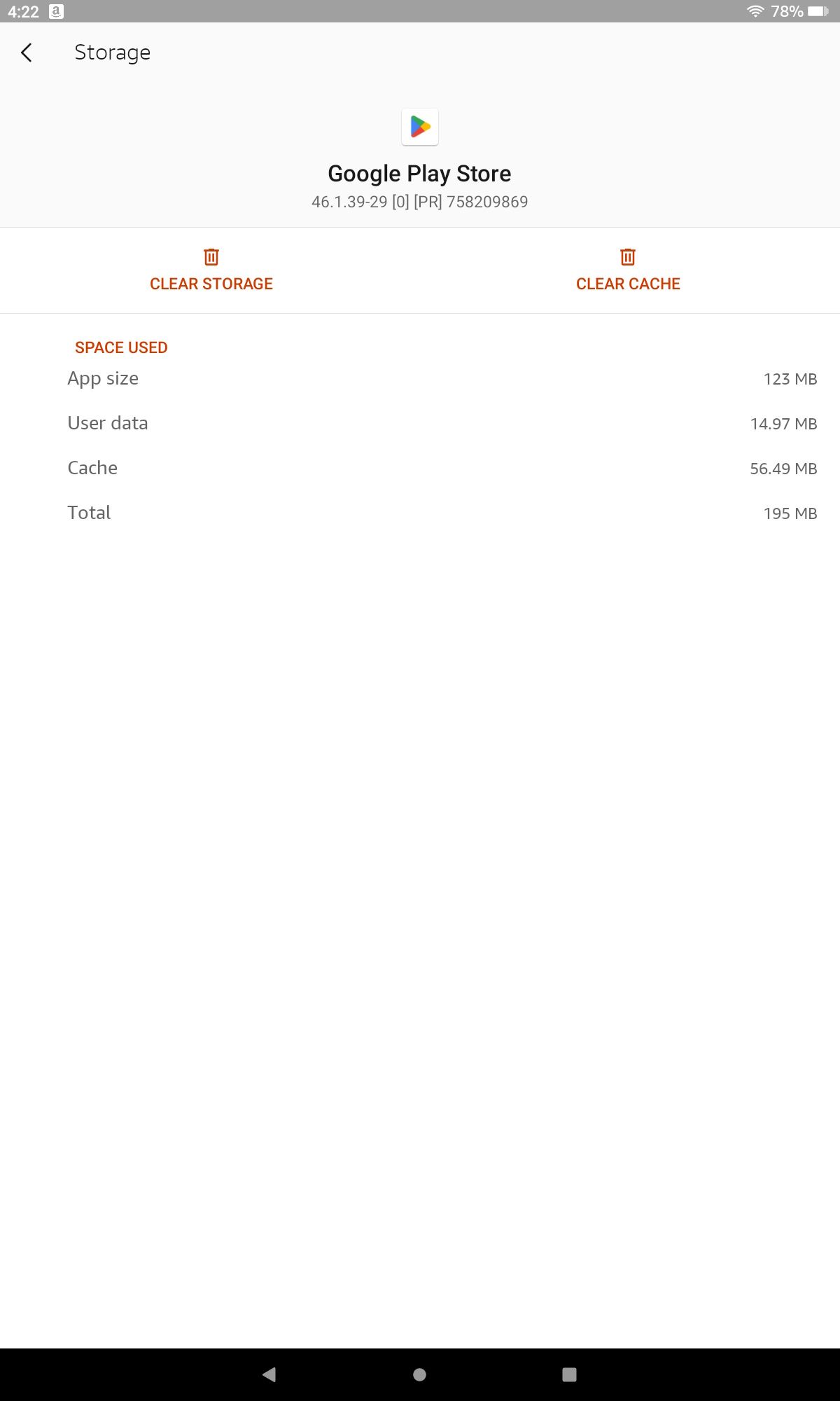 Clear storage and clear cache options for Google Play Store app on Fire OS 8