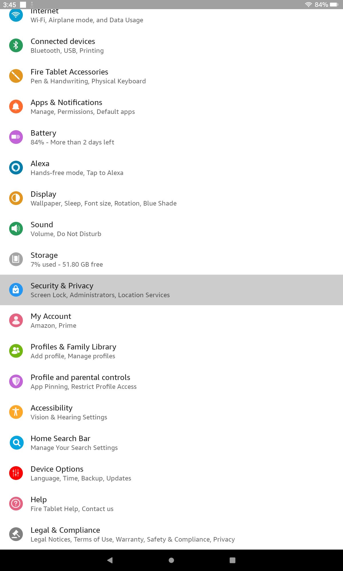 Security & Privacy settings highlighted on Fire OS 8