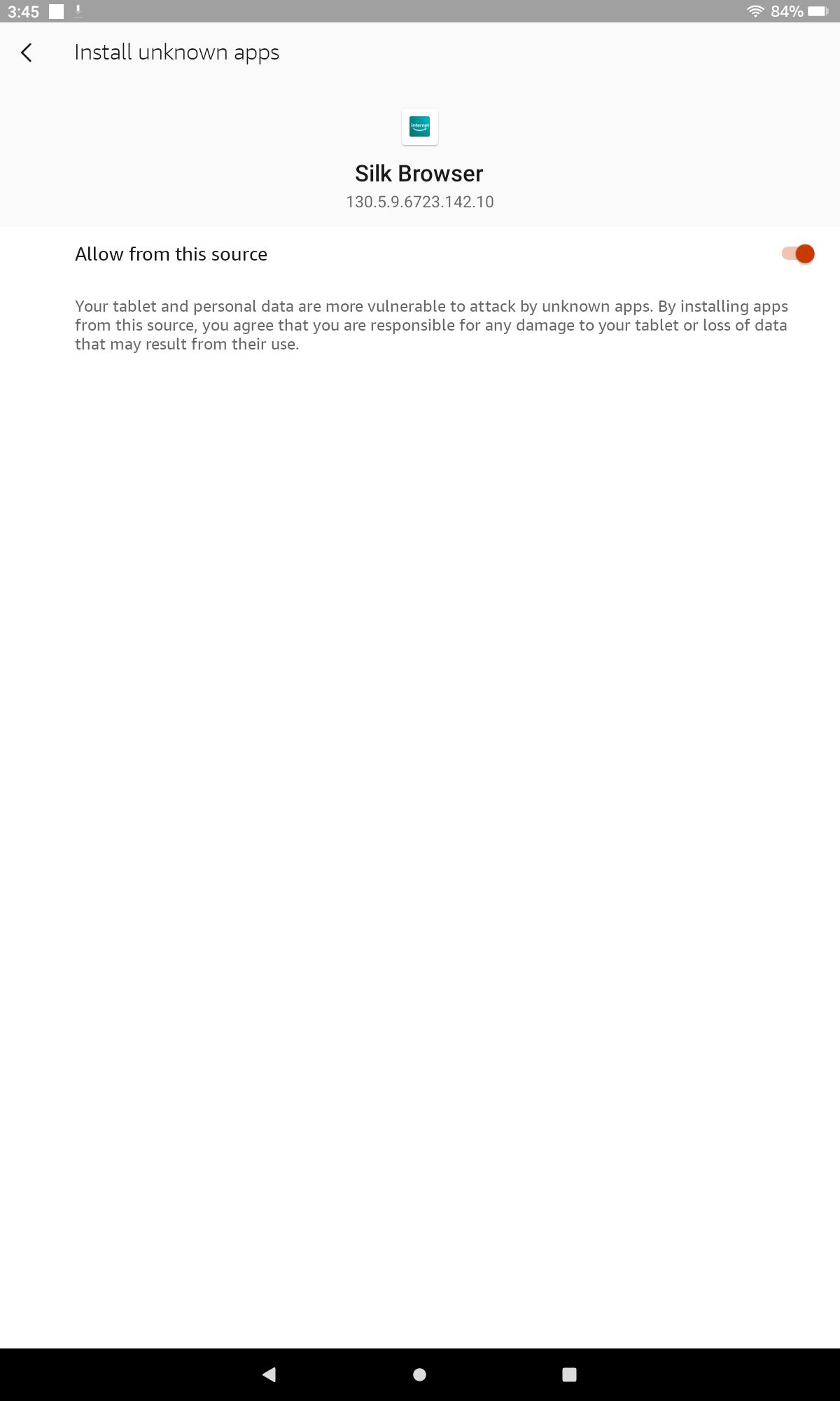 Install unknown apps toggle for Silk Browser on Fire OS 8
