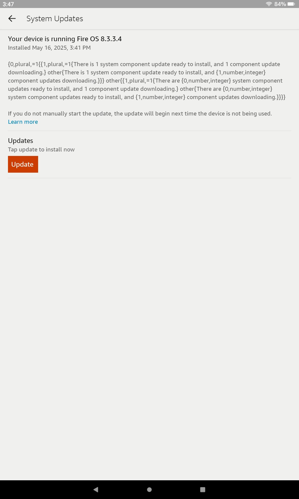System updates page and software information in Fire OS 8