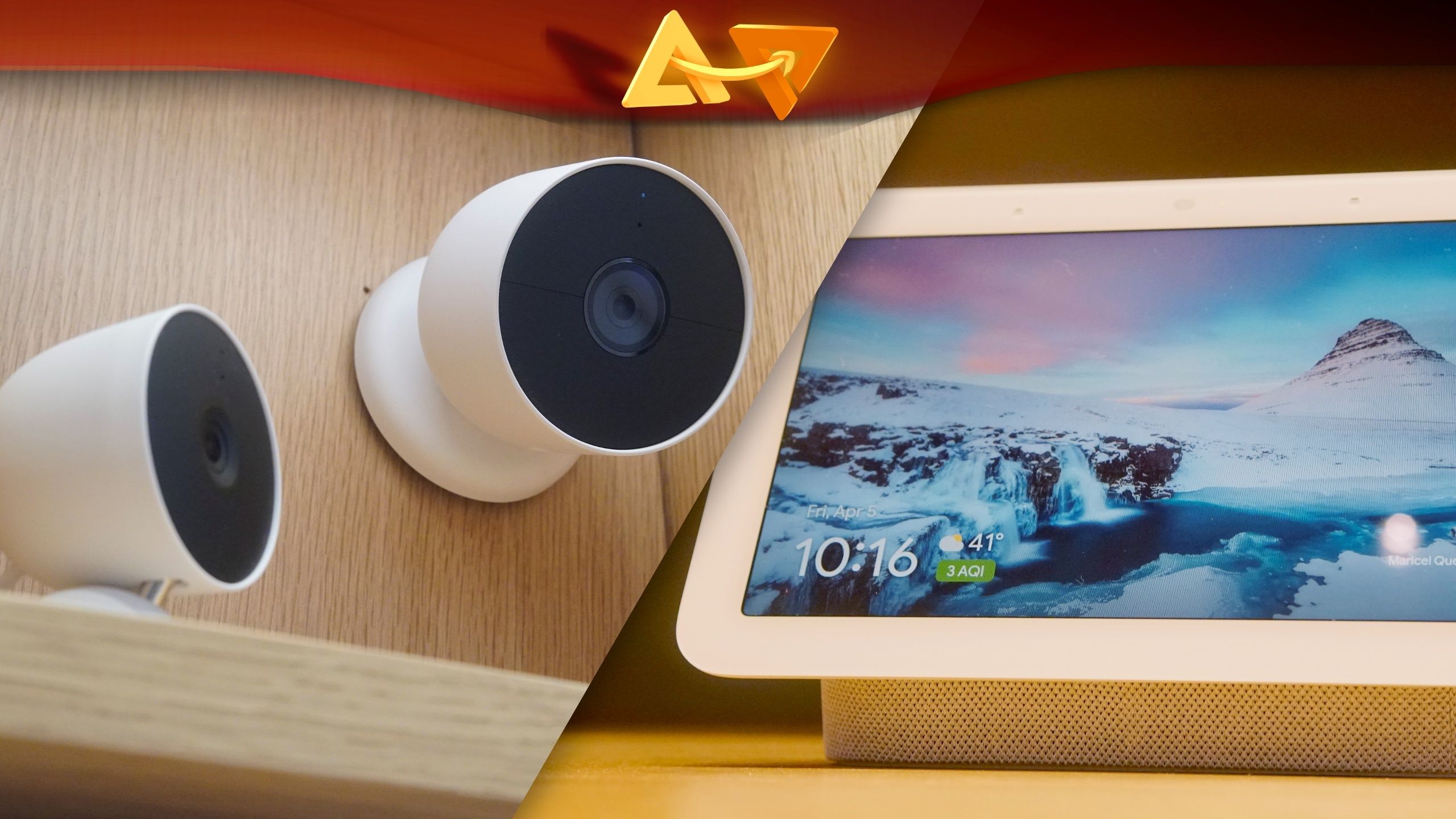 Smart home images of Nest Cams and a Nest Hub