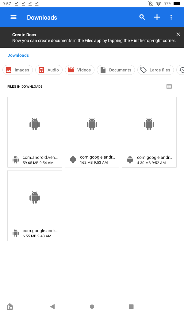 The Downloads pages in the Amazon Fire Files app with all four APKs shown