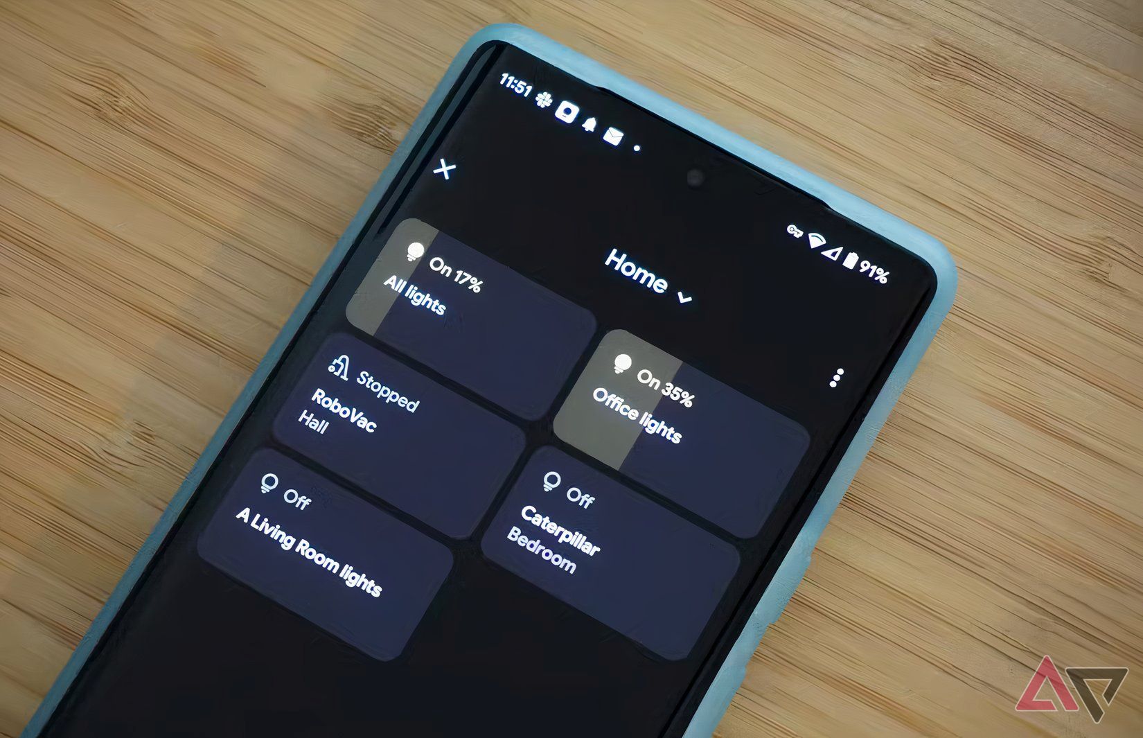 A Google Pixel phone showing connected smart home devices