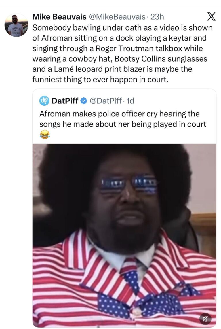somebody bawling under oath as a video is shown of afroman sitting on a dock playing a keytar and singing through a roger troutman talkbox while wearing a cowboy hat bootsy collins sunglasses and a l.jpeg