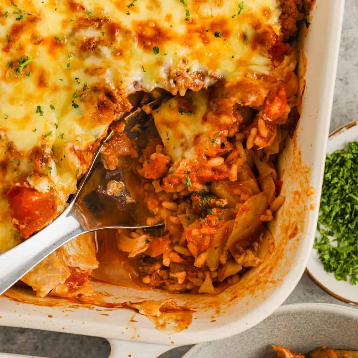 Cabbage Roll Casserole with a spoon