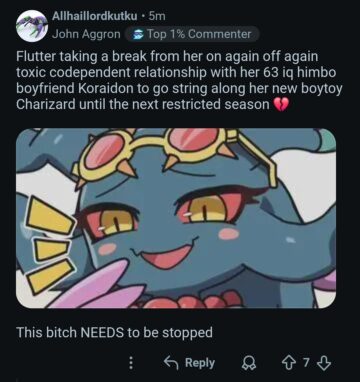 flutter taking a break from her on again off again toxic codependent relationship with her 63 iq himbo boyfriend koraidon to go string along her new boytoy charizard until the next restricted season t.jpeg