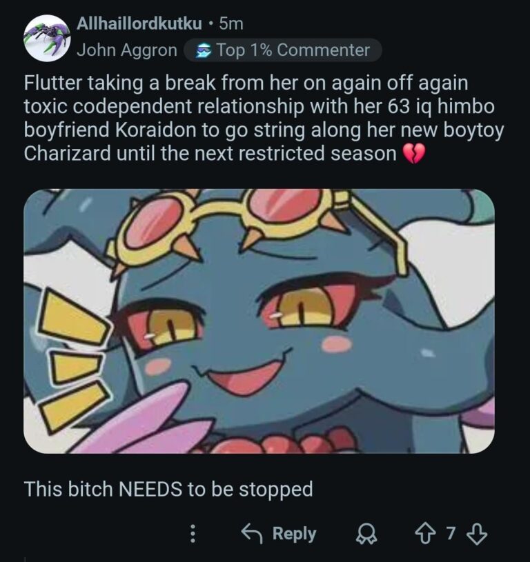 flutter taking a break from her on again off again toxic codependent relationship with her 63 iq himbo boyfriend koraidon to go string along her new boytoy charizard until the next restricted season t.jpeg