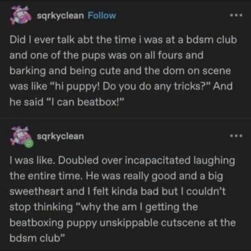 getting the beatboxing puppy unskippable cutscene at the bdsm club.jpeg