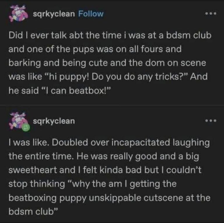 getting the beatboxing puppy unskippable cutscene at the bdsm club.jpeg